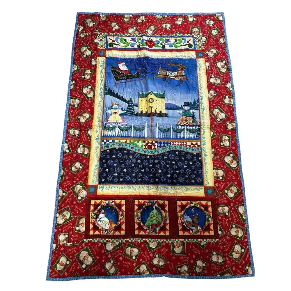 Christmas Santa Quilted table topper/mini quilt Folk Art Red Blue Holiday